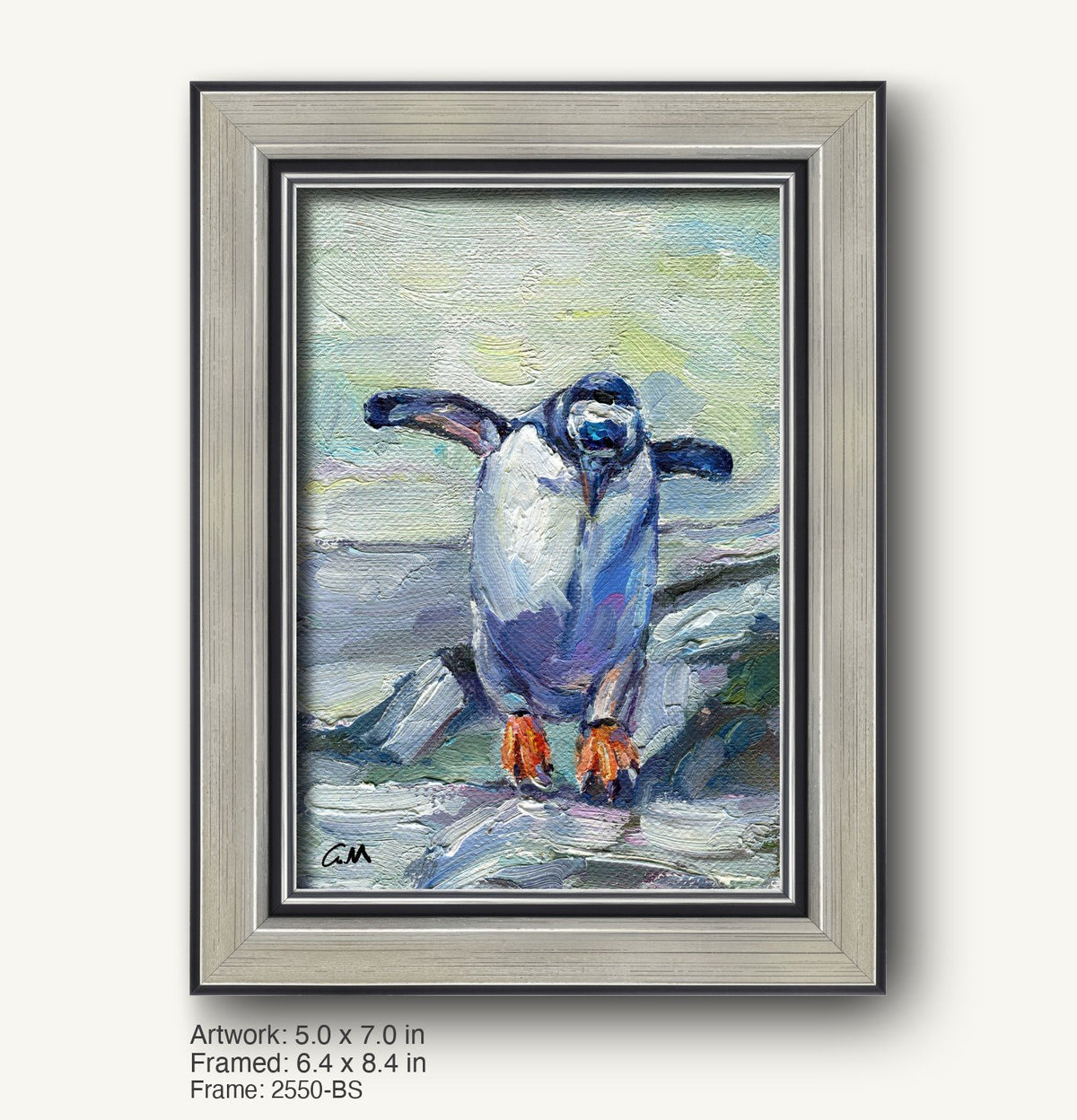 Abstract penguin oil painting in a modern slim silver frame, vertical composition with textured brushwork and vibrant blue, white, and orange tones