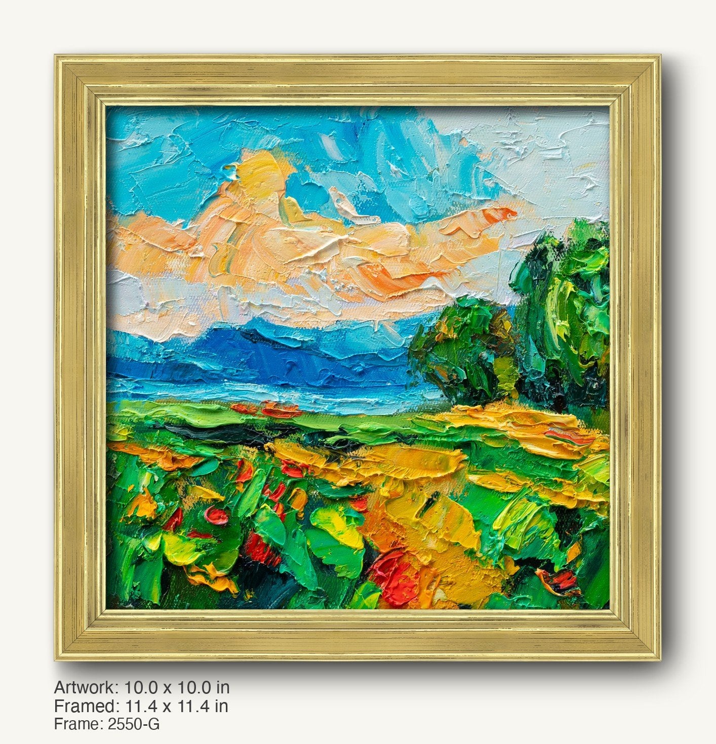 Impasto floral field sunset painting in warm gold ornate frame, vibrant colors and textured brushwork on canvas