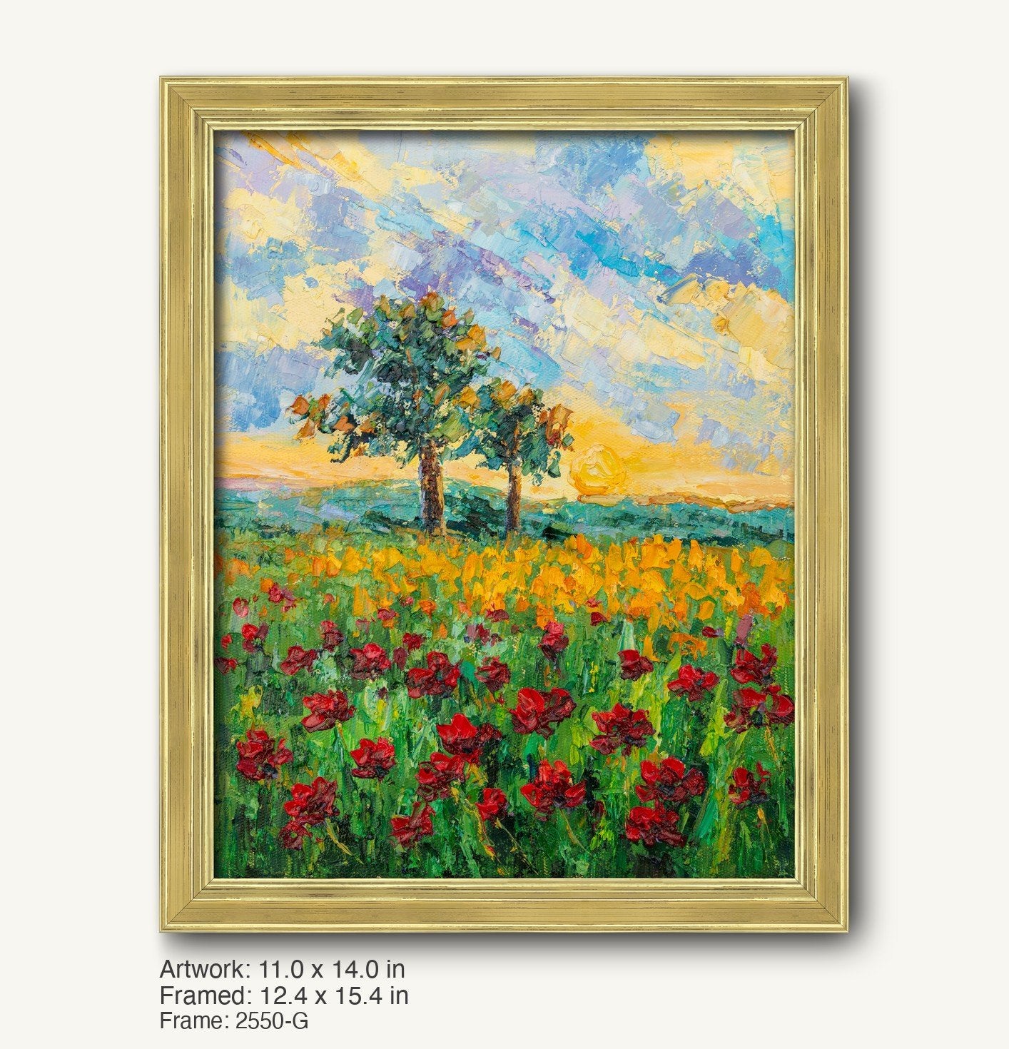 Vertical oil painting of a poppy field at sunset with two trees, framed in a warm gold ornate frame, showcasing vibrant red, yellow, and green hues