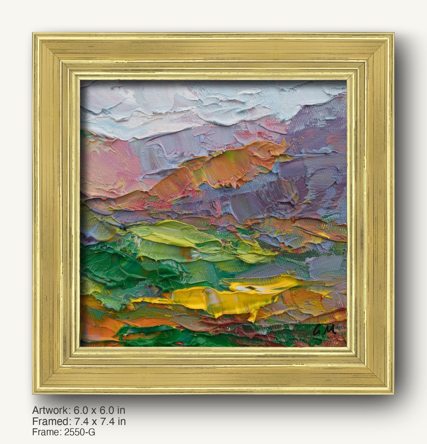 Abstract landscape oil painting with thick impasto texture in warm gold frame, featuring vibrant green, yellow, and blue hues on canvas