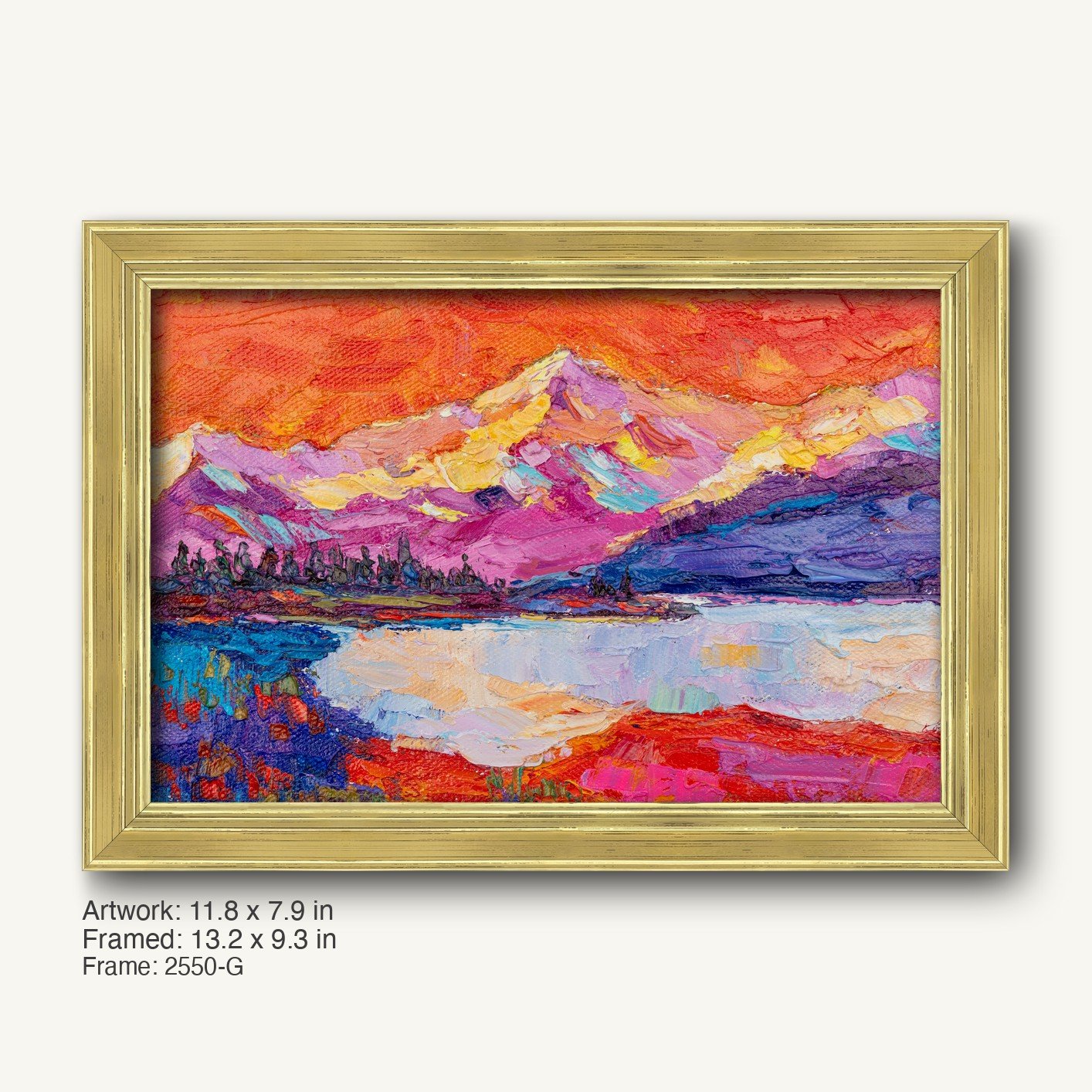 Hand-painted mountain sunset in warm gold ornate frame, vibrant red, purple, and blue landscape on canvas, horizontal composition with textured oil paint