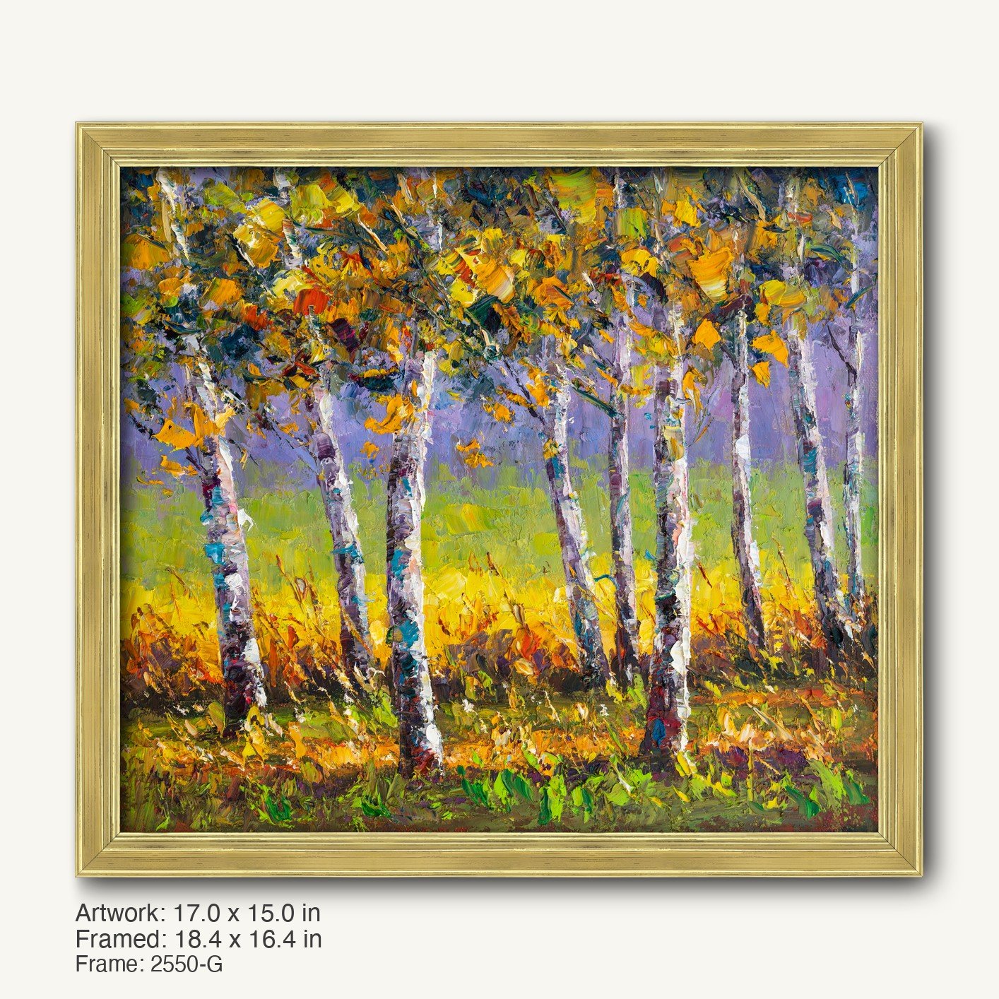 Autumn birch forest oil painting in warm gold ornate frame, horizontal landscape with vibrant yellow and green foliage on canvas