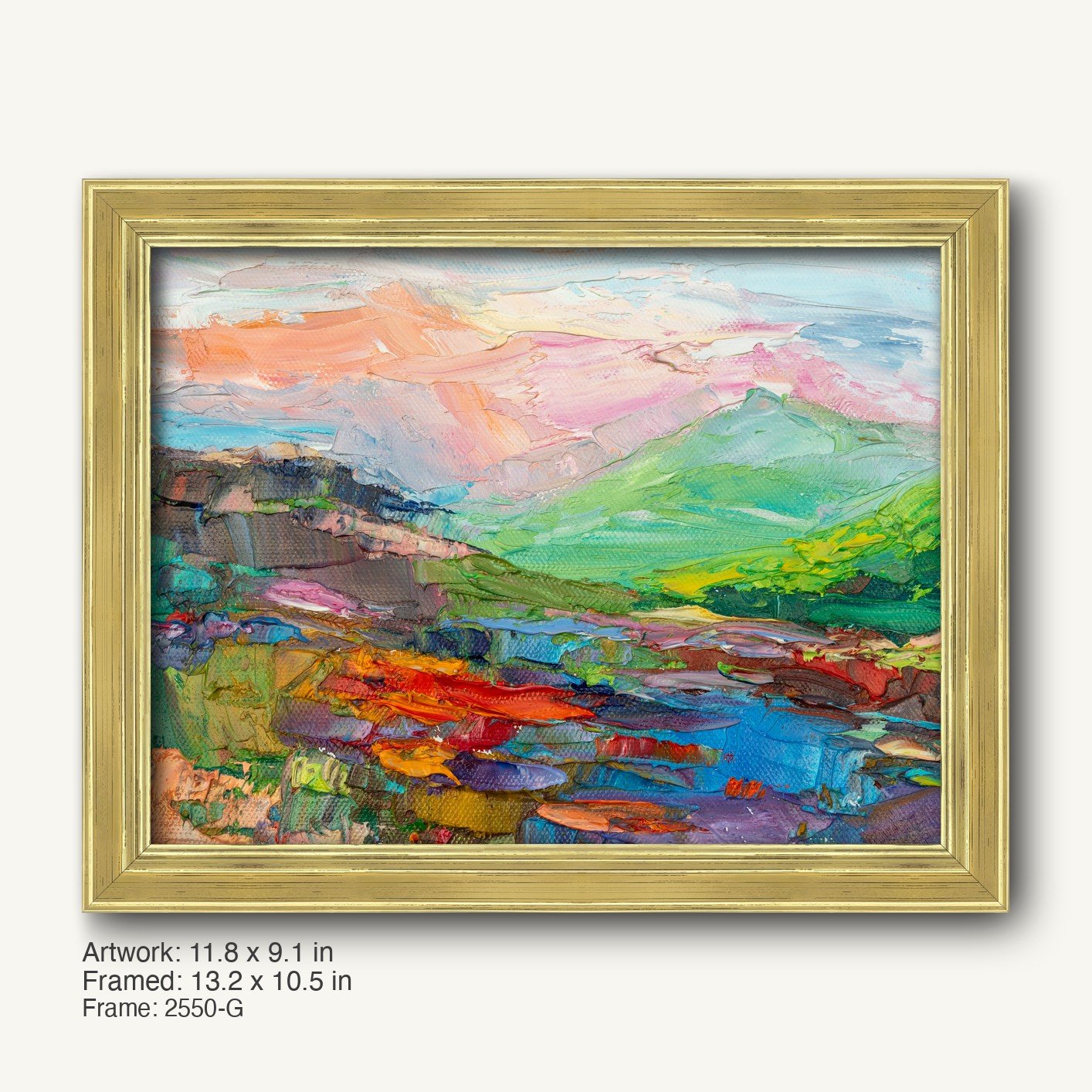 Expressive Mountain Vista by George Miller in a warm gold ornate frame, showcasing vibrant abstract landscape with textured oil brushwork on canvas