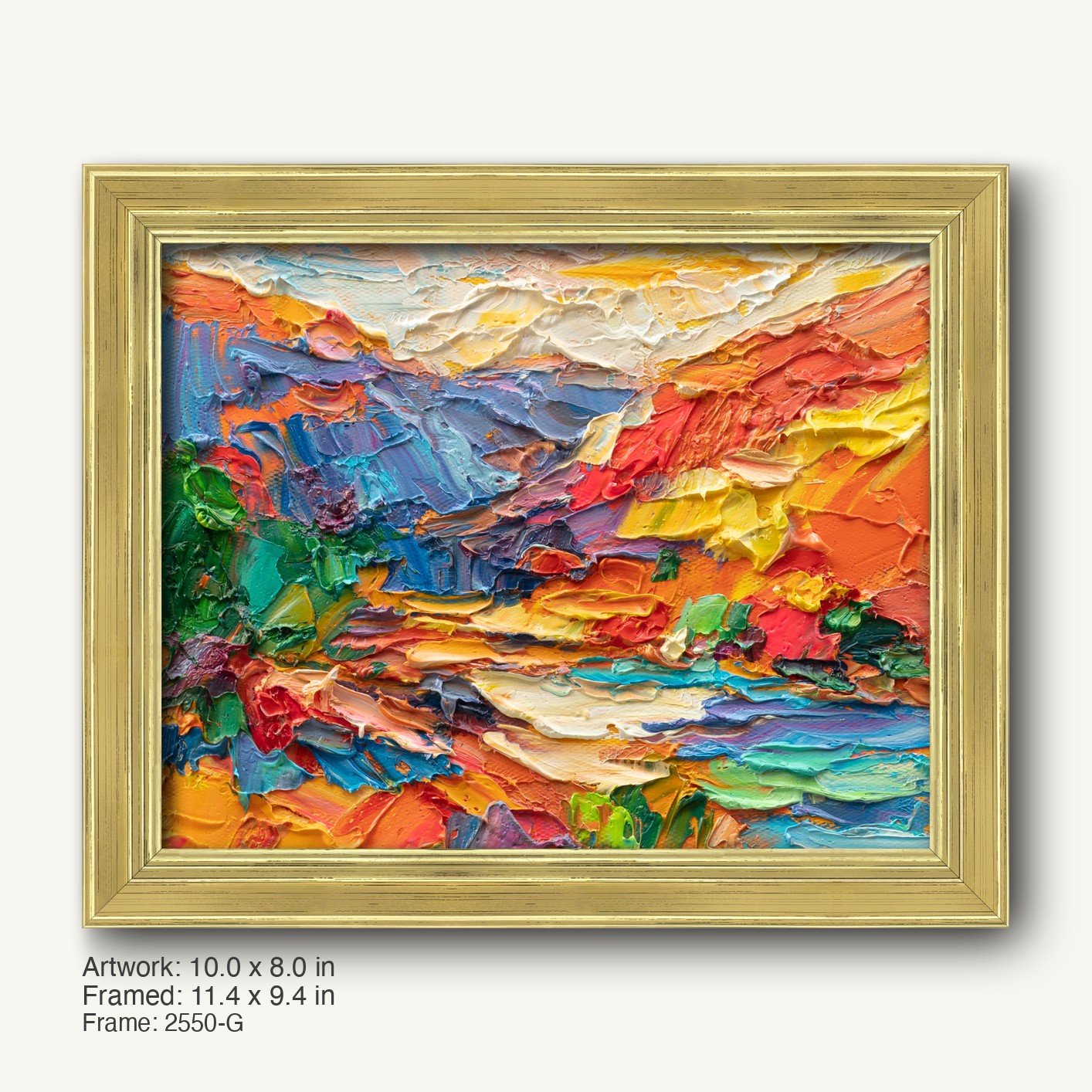 Vibrant impasto sunset landscape painting in warm gold ornate frame, rich textures and bold colors of orange, red, blue, and green on canvas