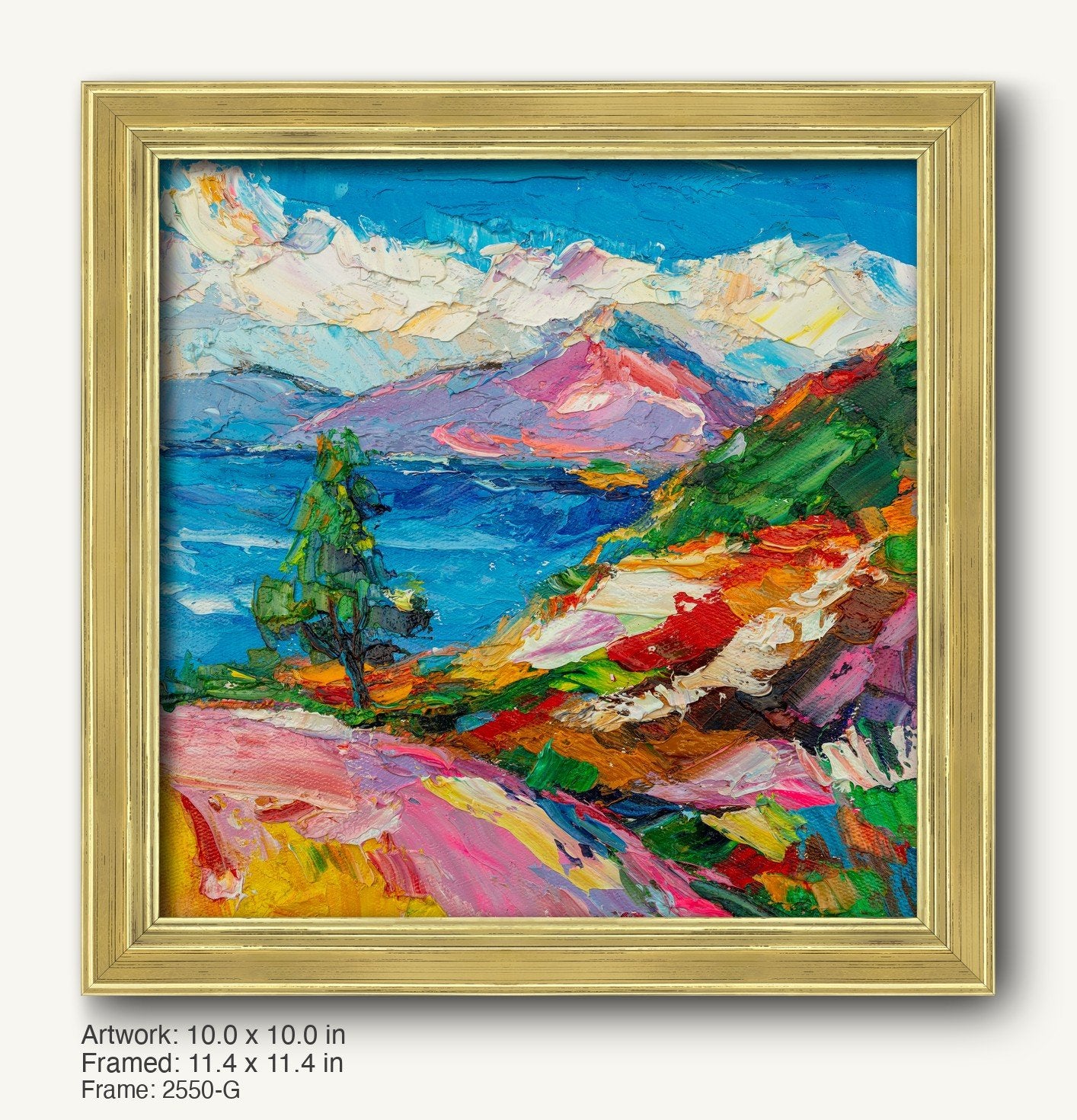 Vibrant oil painting of a mountain lake landscape in a warm gold ornate frame, featuring bold colors and textured brushwork on canvas