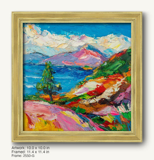 Vibrant oil painting of a mountain lake landscape in a warm gold ornate frame, featuring bold colors and textured brushwork on canvas
