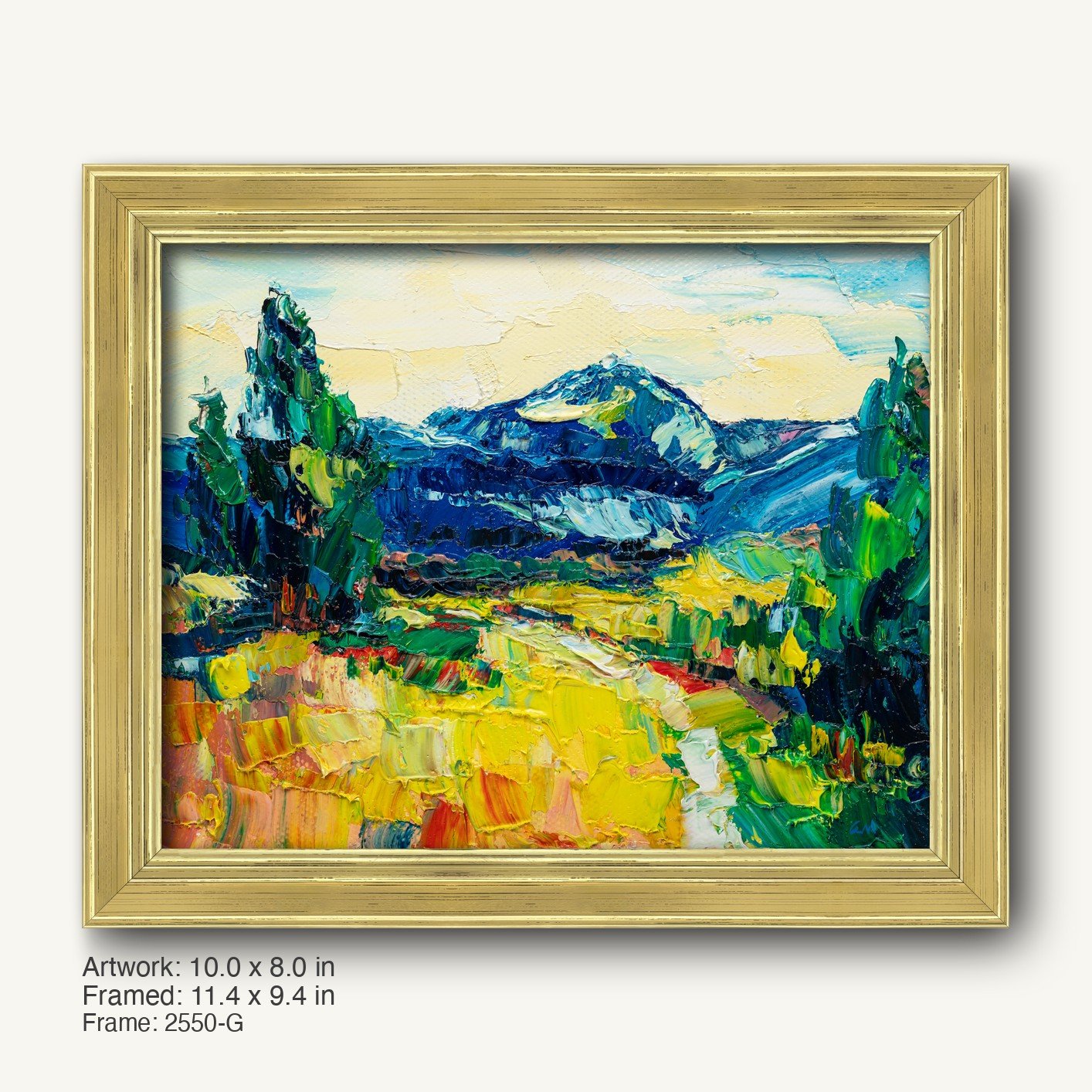 Vibrant mountain landscape oil painting in warm gold ornate frame, featuring bold blues, greens, and yellows on canvas with textured brushwork