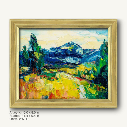 Vibrant mountain landscape oil painting in warm gold ornate frame, featuring bold blues, greens, and yellows on canvas with textured brushwork