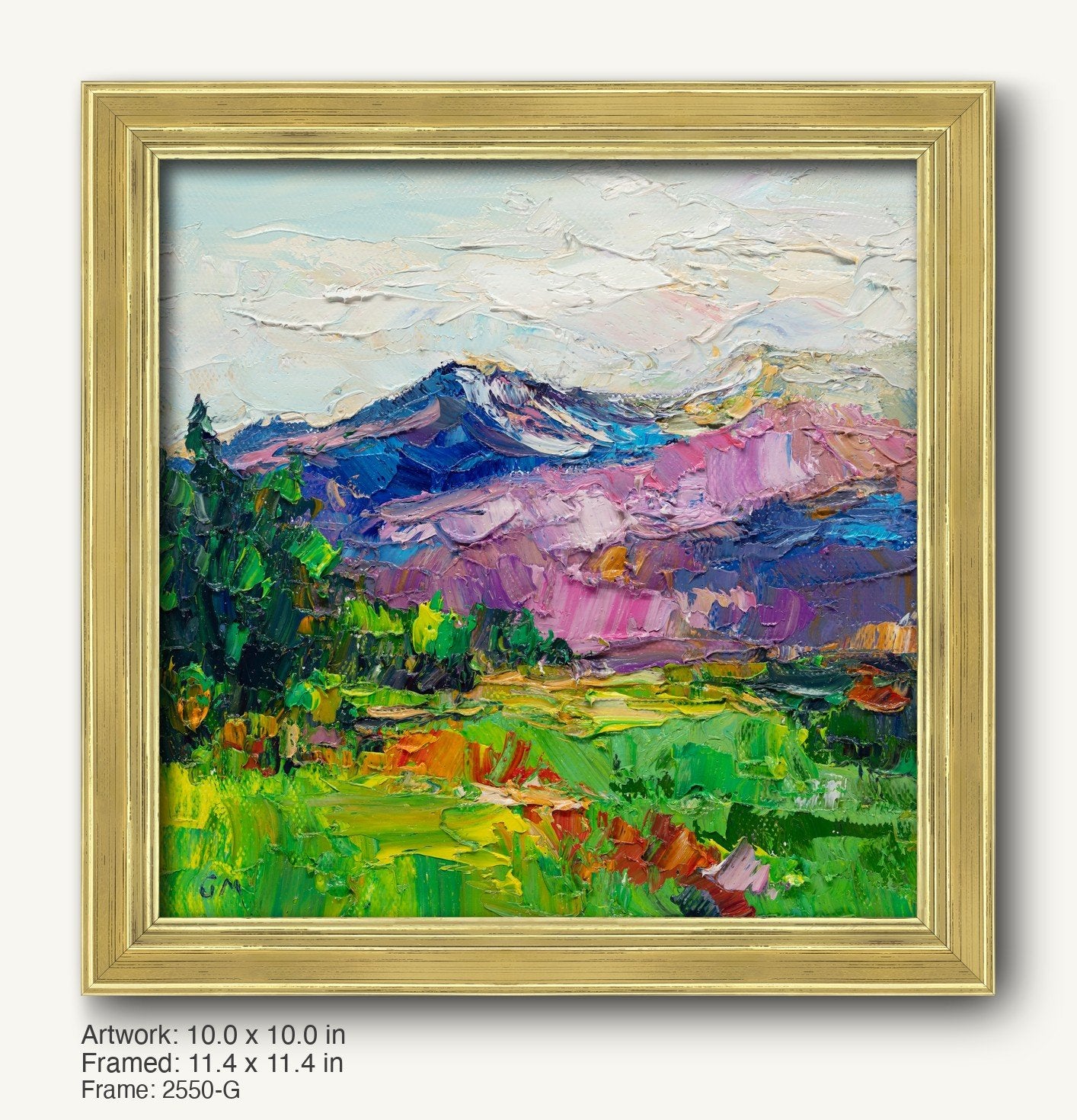 Expressive mountain landscape oil painting in warm gold ornate frame, featuring vibrant green fields, purple mountains, and textured brushwork on canvas