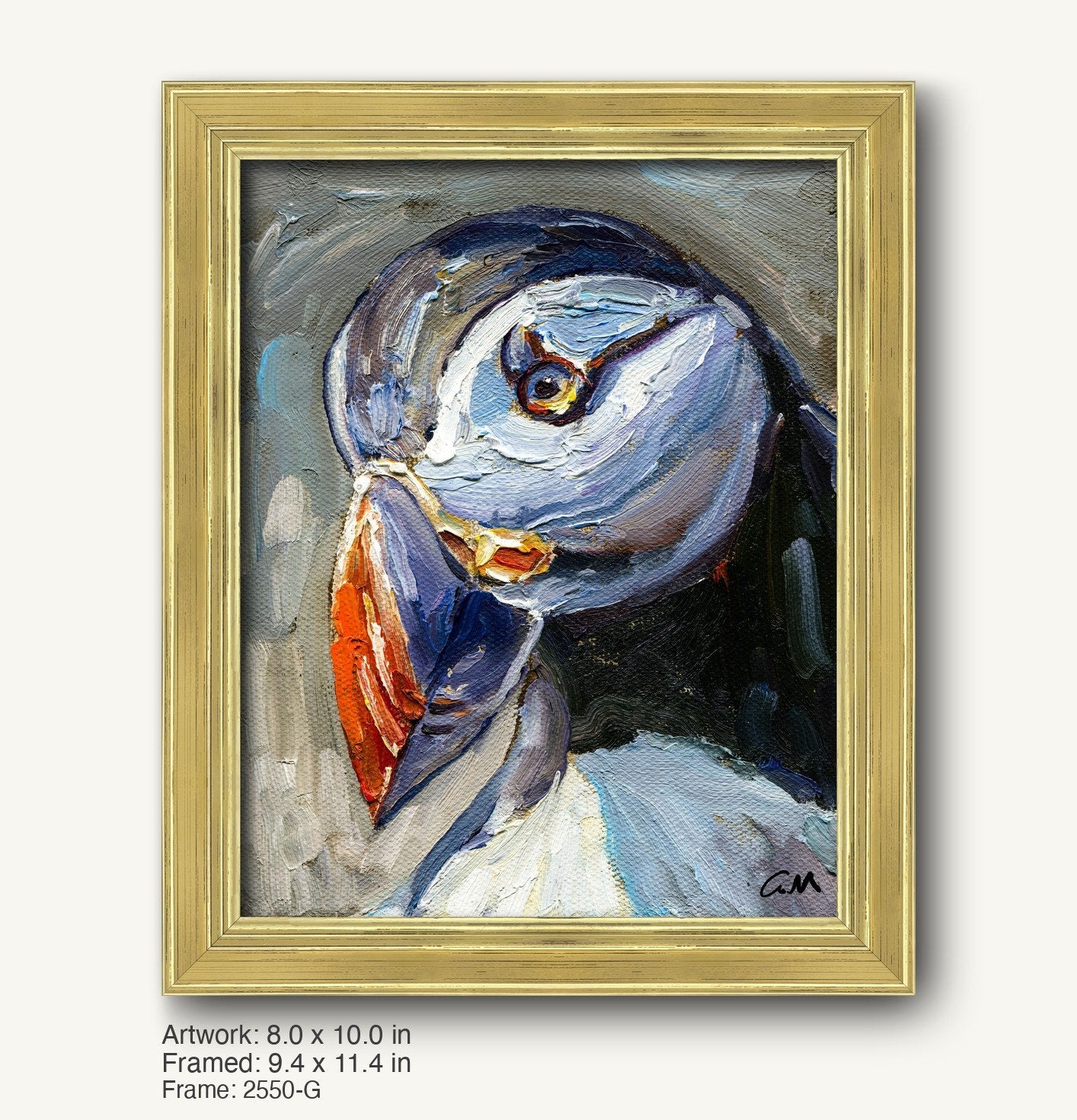 Expressive oil painting of a puffin in a warm gold ornate frame, vertical composition with textured brushwork and bold blue, white, and orange colors