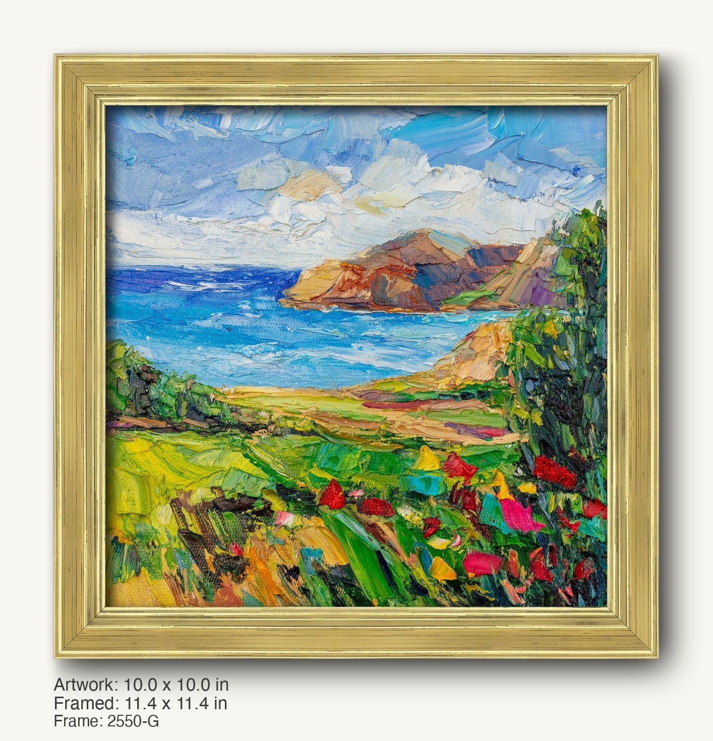 Vibrant coastal landscape oil painting in a warm gold ornate frame, featuring rolling green hills, blue ocean, and distant cliffs under a dynamic sky