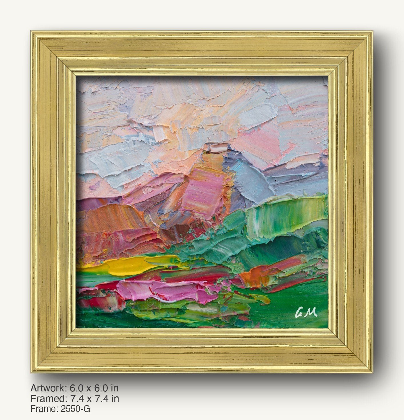 Abstract landscape oil painting in warm gold ornate frame, featuring textured green, pink, and white hues on canvas, initialed by artist