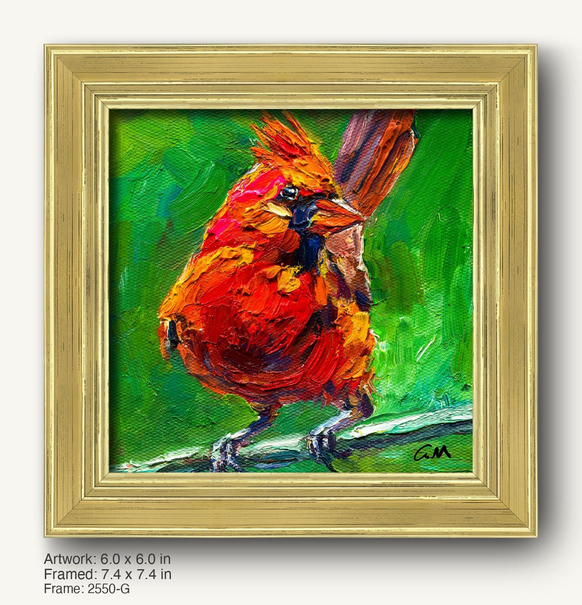 Vibrant oil painting of a cardinal bird in impasto style, framed in warm gold ornate frame with textured edges, set against green background
