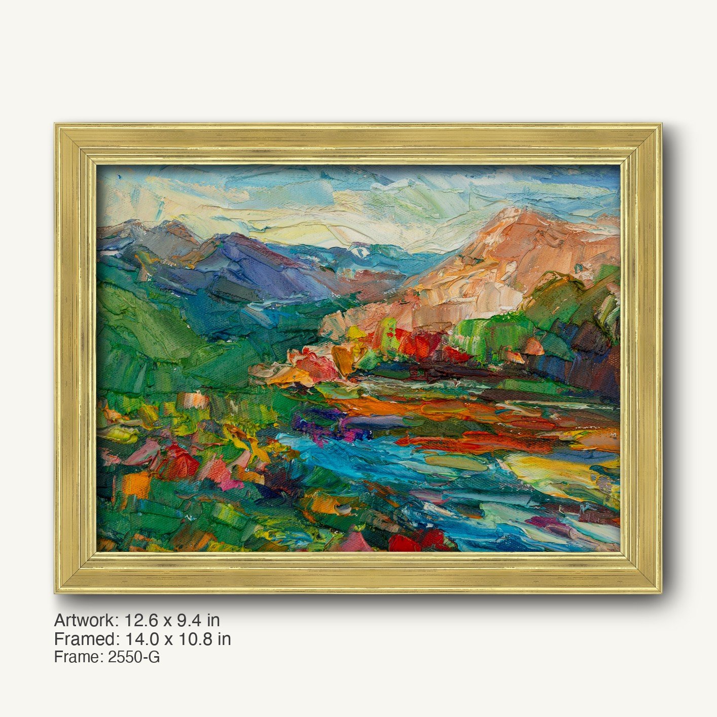 Abstract mountain river scene oil painting in warm gold ornate frame, horizontal composition with vibrant greens, blues, and earth tones on canvas