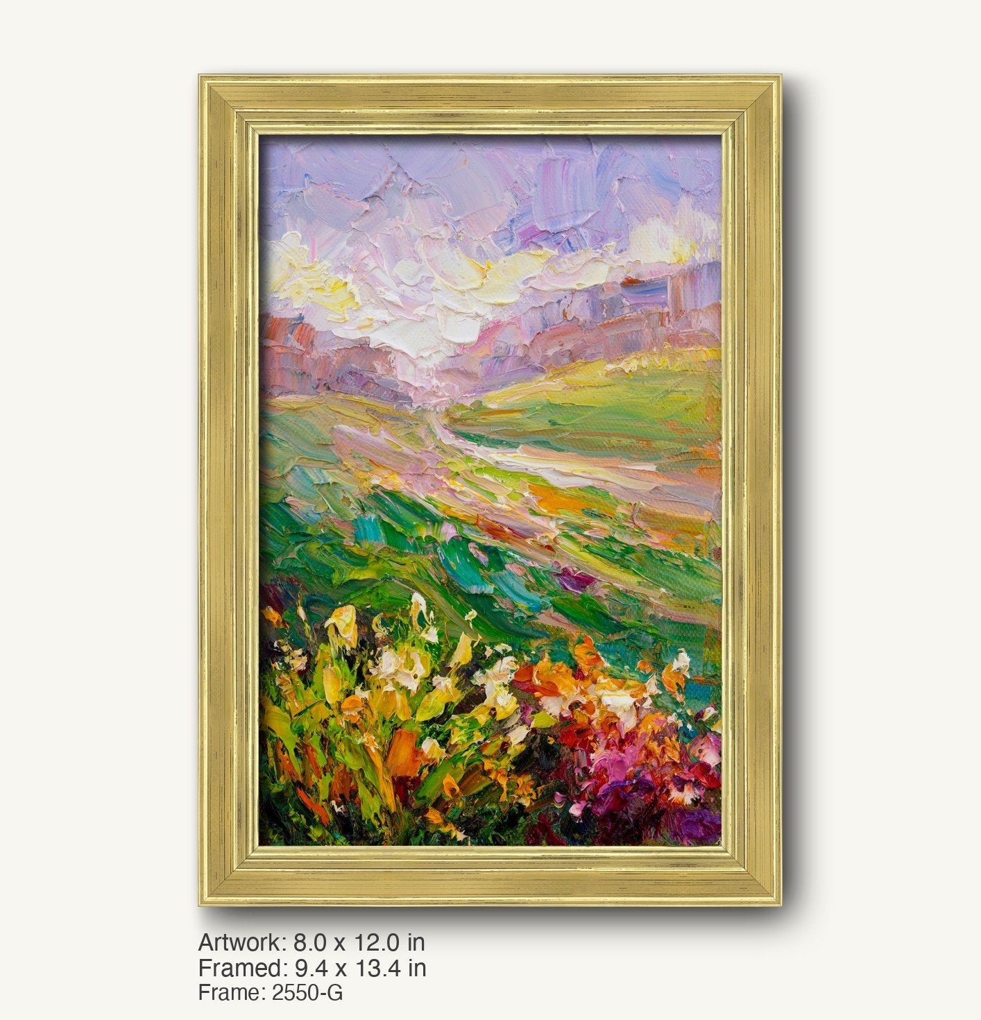 Vertical oil painting of a vibrant meadow landscape with floral foreground and rolling hills under a pastel sky, displayed in a warm gold ornate frame