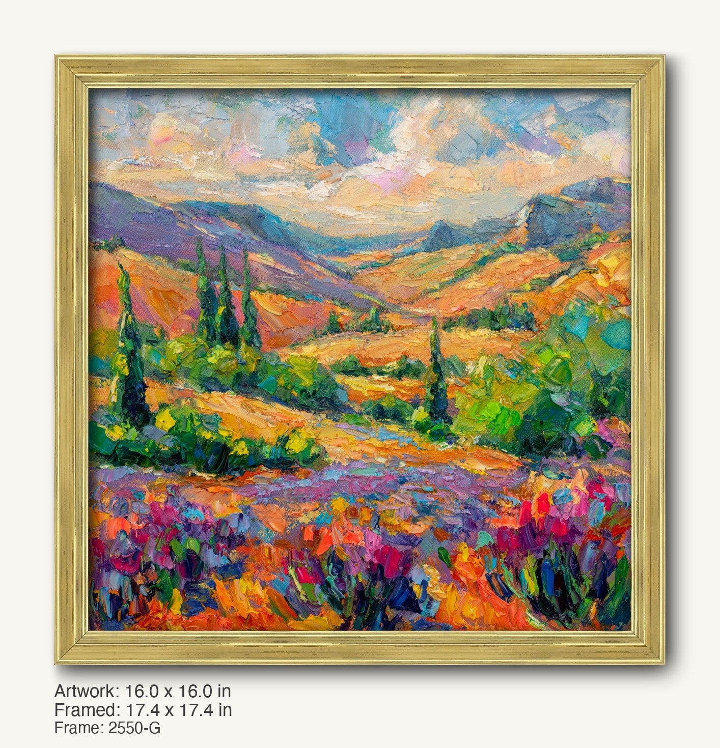 Vibrant autumn meadow landscape painting in a warm gold ornate frame, featuring rolling hills, colorful wildflowers, and distant mountains under a soft sky.