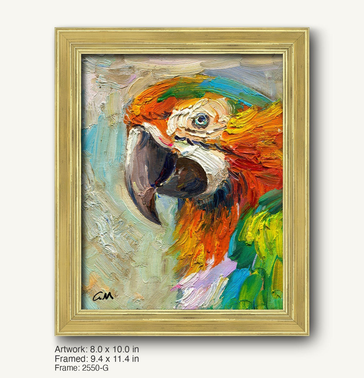 Vibrant oil painting of a macaw in a warm gold ornate frame, featuring bold orange, green, and blue hues with textured brushwork on canvas