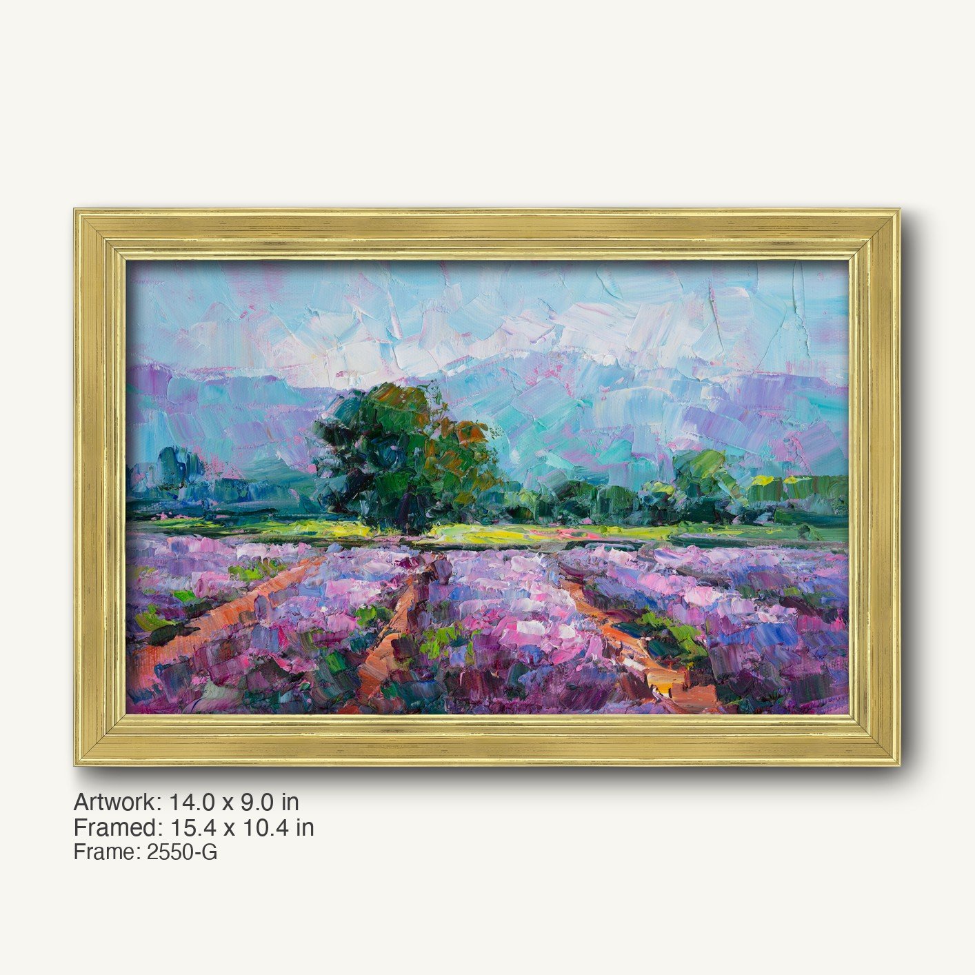 Lavender field oil painting in warm gold ornate frame, horizontal landscape with purple blooms, green trees, and blue sky, textured brushwork on canvas