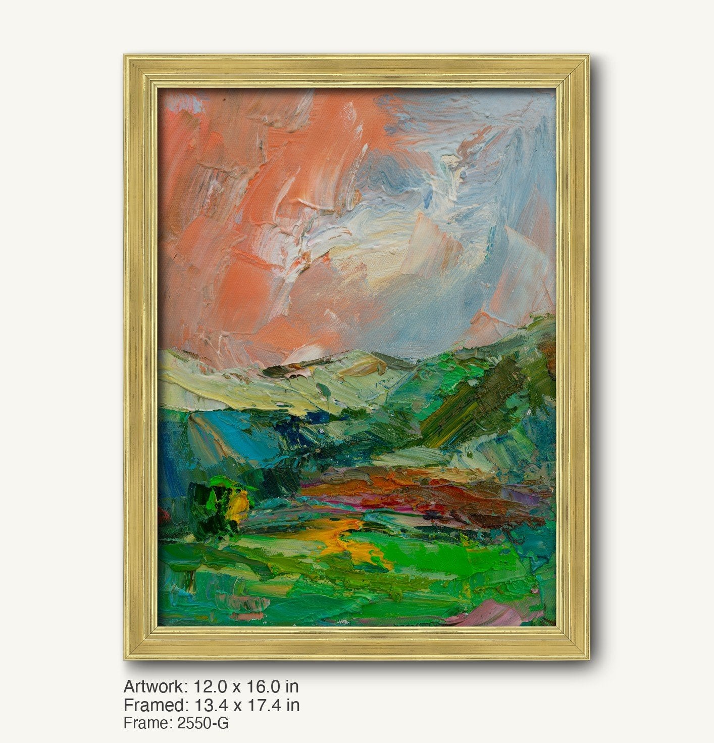 Vertical oil painting with impasto texture in warm gold frame, depicting abstract landscape with green, blue, and orange hues under dramatic sky