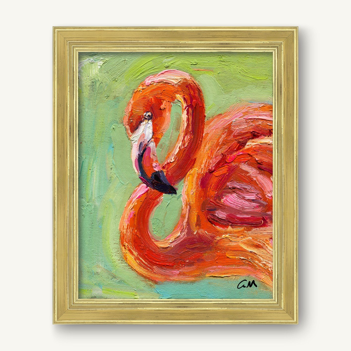 Vibrant oil painting of a flamingo in expressive impasto style, framed in gold, featuring bold red and pink hues against a green background