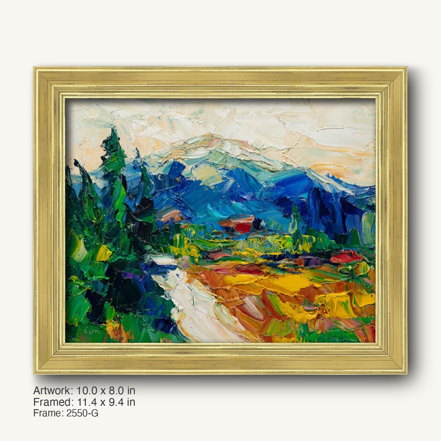 Vibrant oil painting of a mountain valley landscape in a warm gold ornate frame, featuring bold greens, blues, and yellows with textured brushwork and a signed corner.