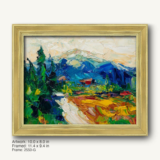 Vibrant oil painting of a mountain valley landscape in a warm gold ornate frame, featuring bold greens, blues, and yellows with textured brushwork and a signed corner.