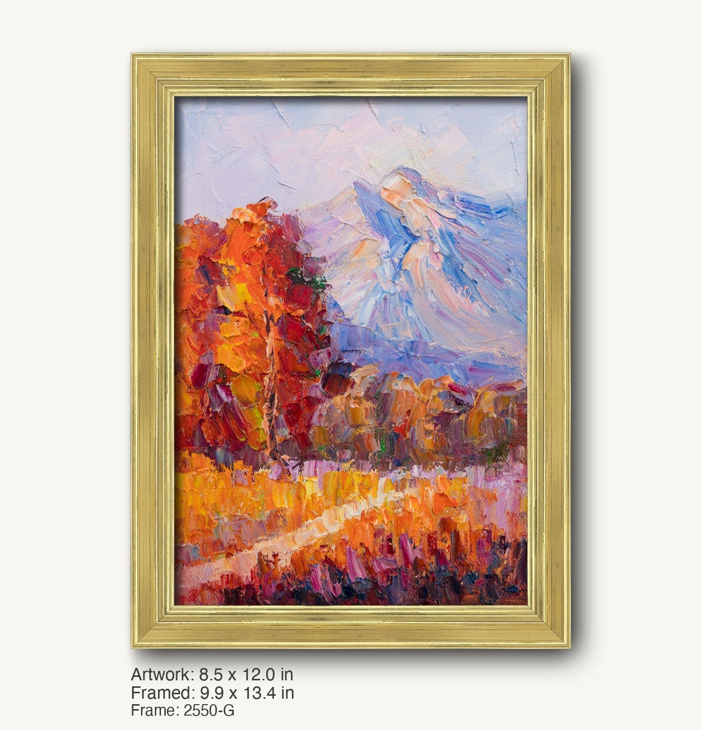 Vertical oil painting of autumn mountain landscape with vibrant orange and red foliage, blue peaks, and textured brushwork, displayed in a warm gold ornate frame