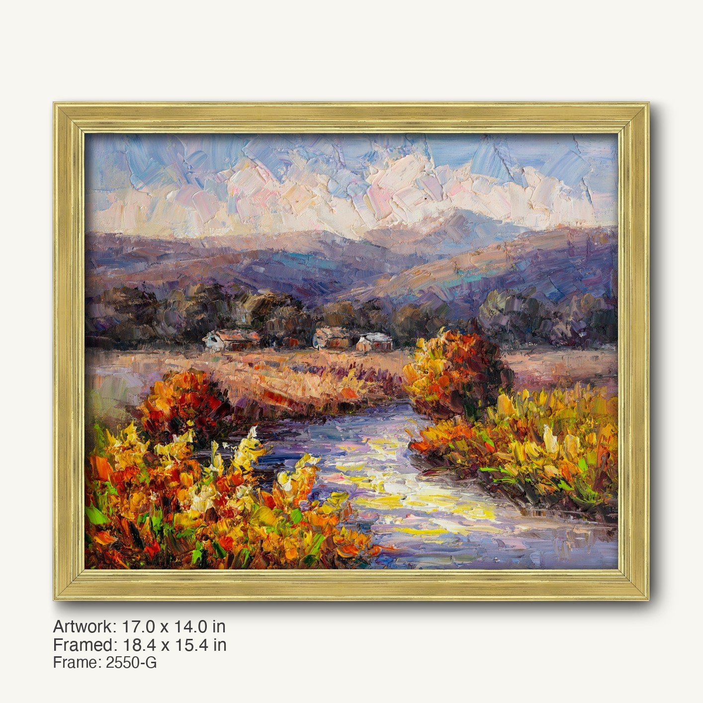 Serene autumn river scene in oil on canvas, framed in warm gold ornate frame, featuring vibrant foliage and distant mountains under a soft sky