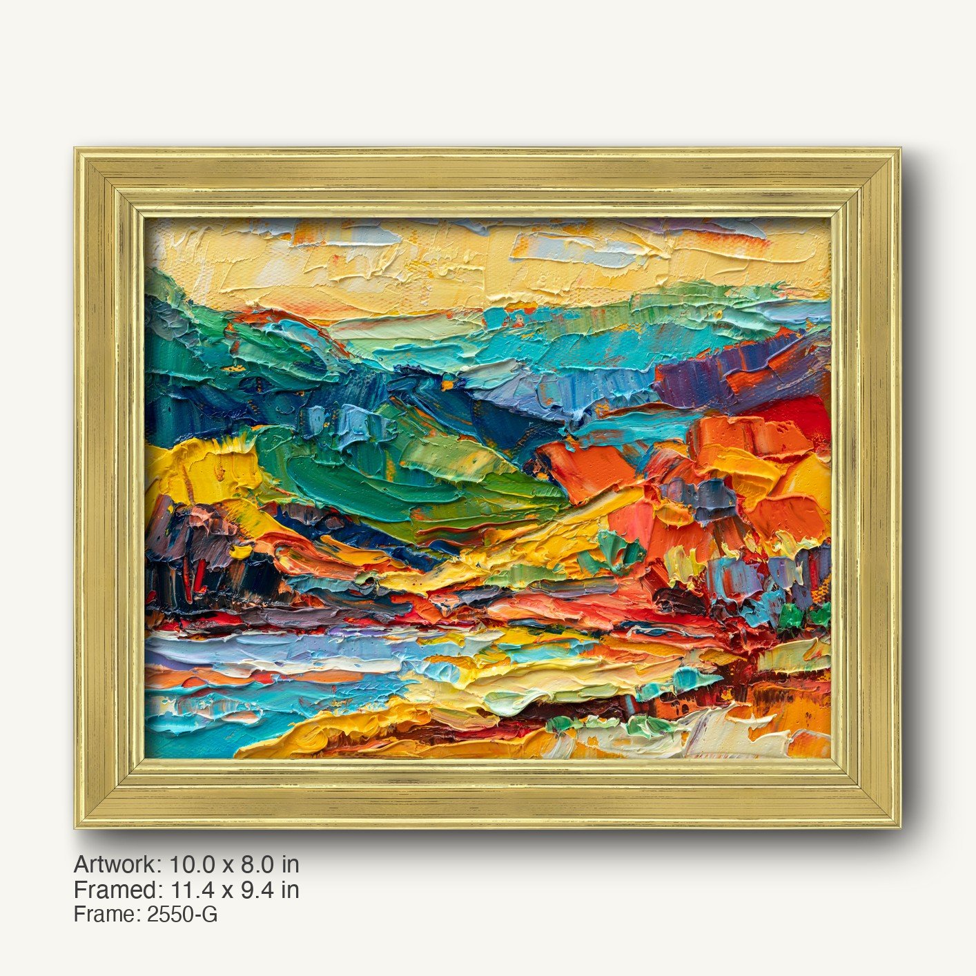 Vibrant abstract landscape painting in warm gold frame, featuring bold brushstrokes of blue, green, yellow, red, and orange on canvas, displayed horizontally