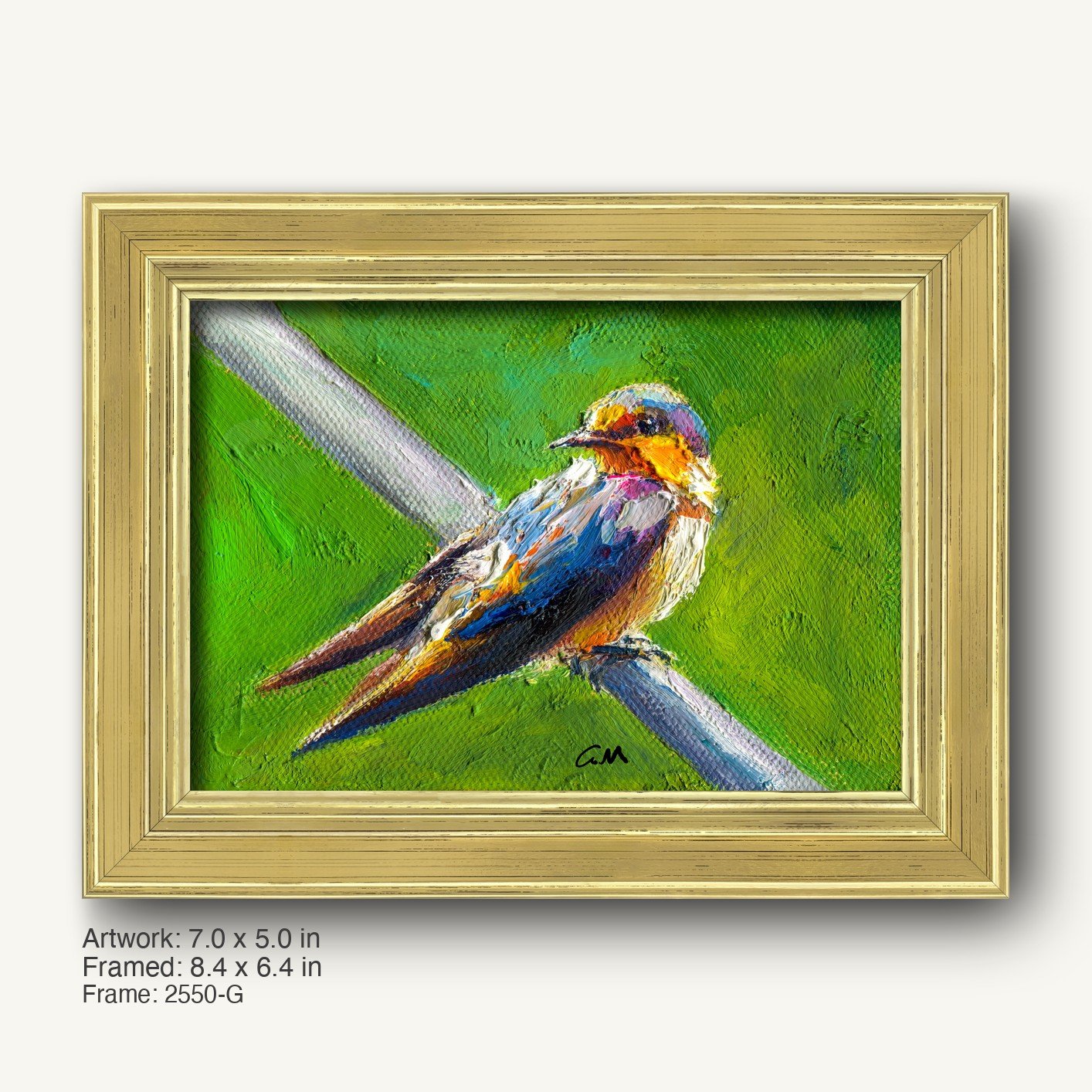 Vibrant oil painting of a colorful bird perched on wire, set in a warm gold ornate frame with textured finish, horizontal composition on canvas