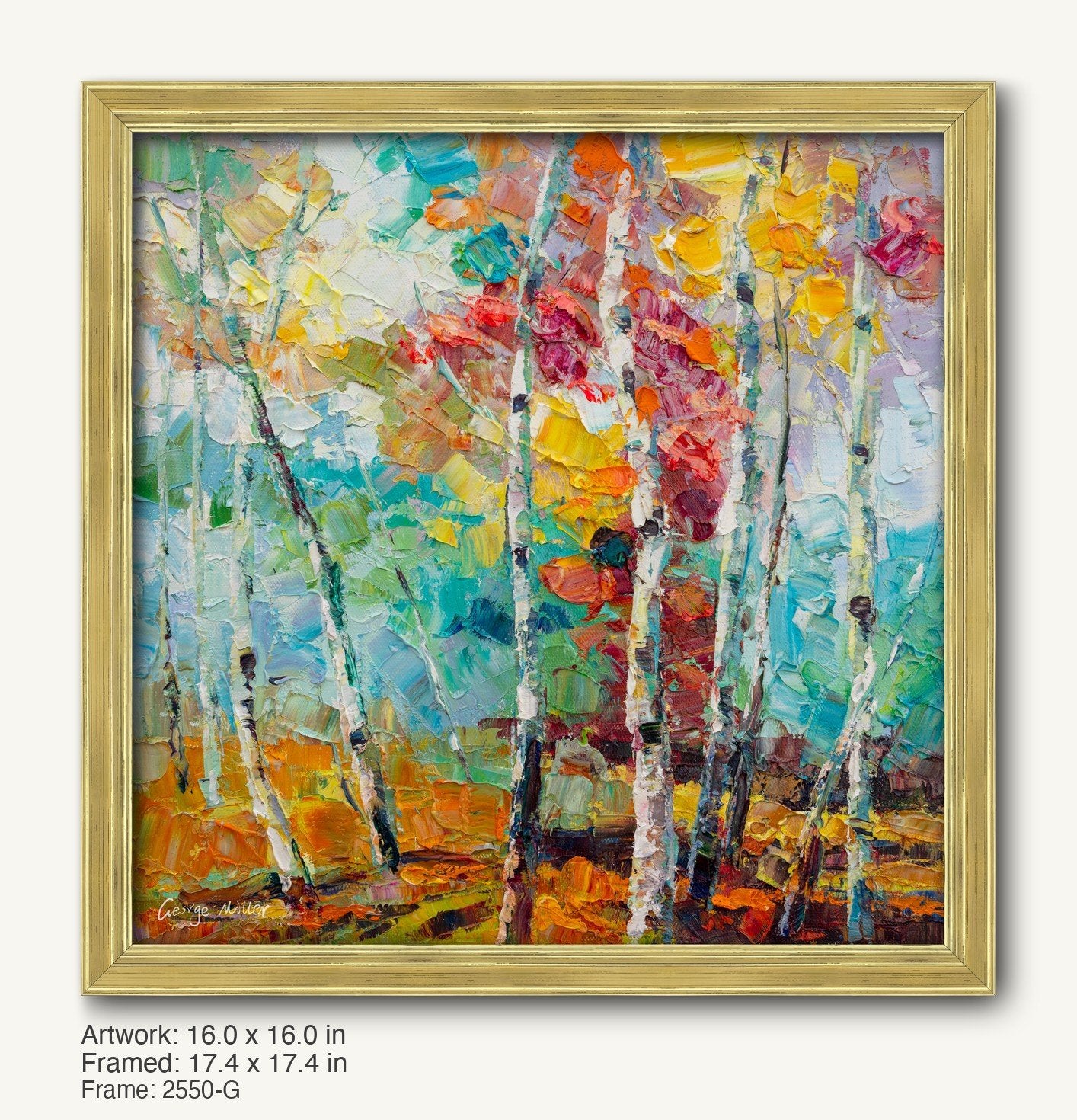 Colorful aspen trees in autumn light, painted in vibrant oil on canvas, framed in a warm gold ornate frame with classic profile, vertical composition