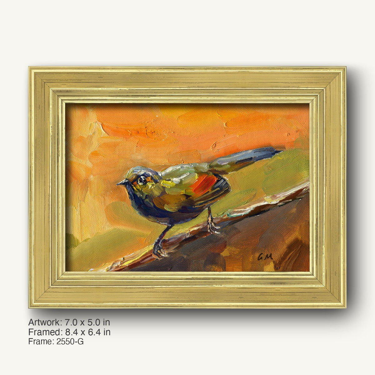 Original oil painting of a colorful bird perched on a branch, rendered in impasto style with vibrant orange, green, and blue hues, displayed in a warm gold ornate frame
