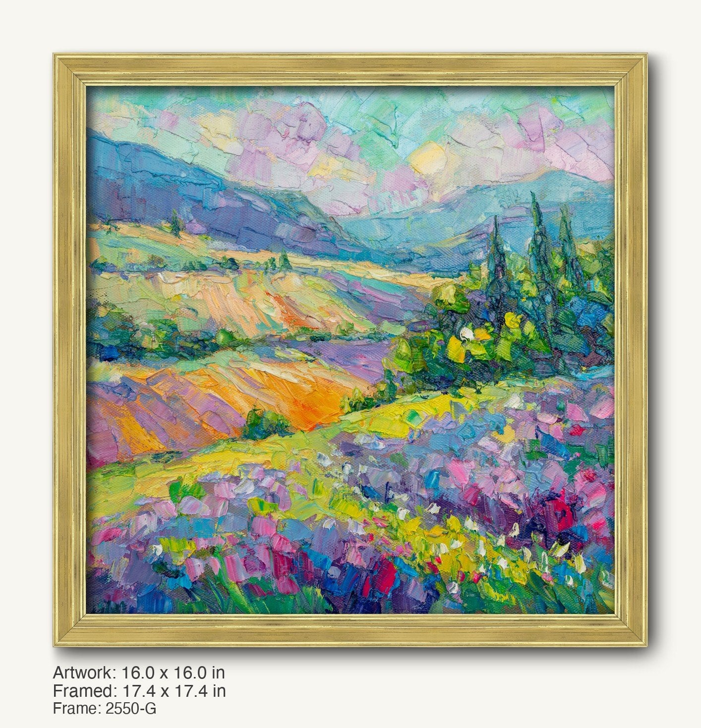 Vibrant impressionist landscape painting of rolling hills and wildflowers in a warm gold ornate frame, showcasing rich textures and vivid colors.