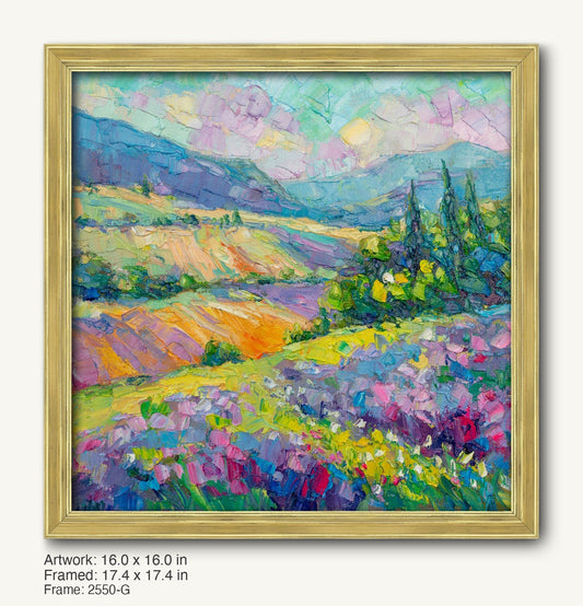 Vibrant impressionist landscape painting of rolling hills and wildflowers in a warm gold ornate frame, showcasing rich textures and vivid colors.