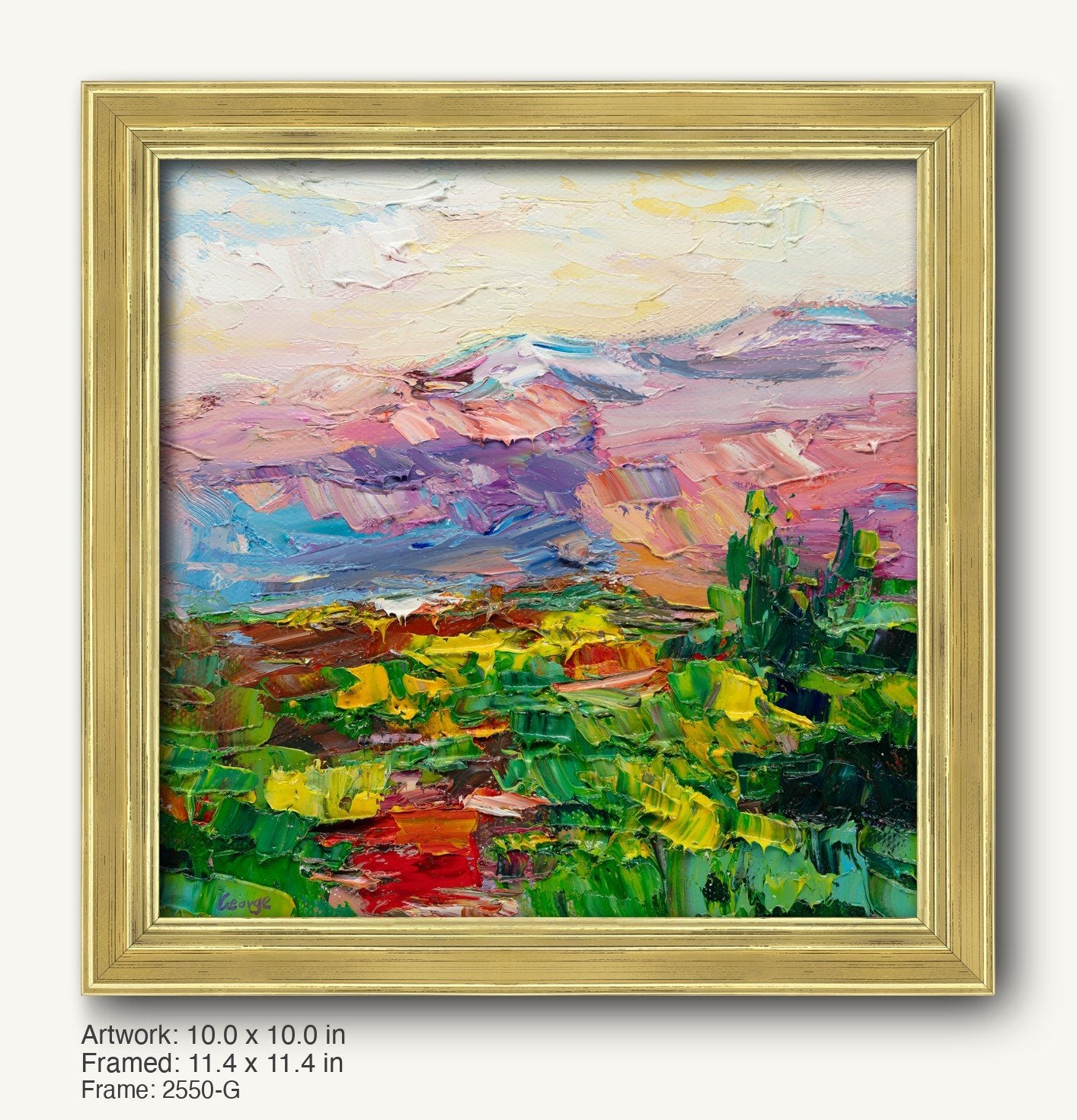 Desert sunset oil painting in warm gold ornate frame, vibrant abstract landscape with textured brushstrokes, green and pink hues, signed by artist