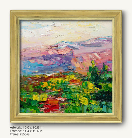 Desert sunset oil painting in warm gold ornate frame, vibrant abstract landscape with textured brushstrokes, green and pink hues, signed by artist