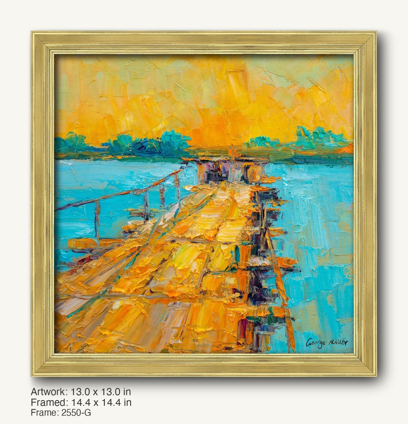 Hand-painted dock scene in warm gold frame, featuring vibrant yellow and blue tones, textured oil on canvas, signed by artist George Miller