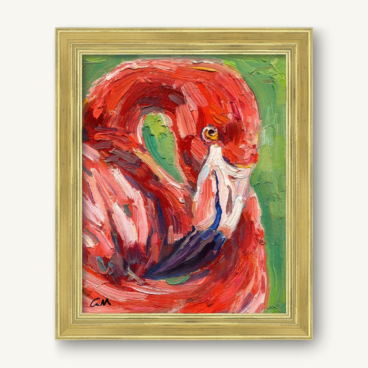 Vibrant hand-painted flamingo portrait in gold frame, expressive oil brushwork on canvas, red and green tones, signed by artist
