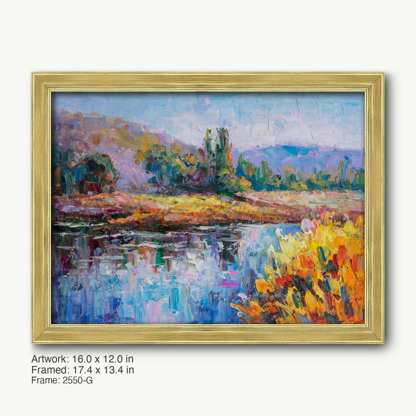 Impasto oil painting of a river landscape with vibrant reflections, framed in a warm gold classic profile frame, horizontal composition on canvas