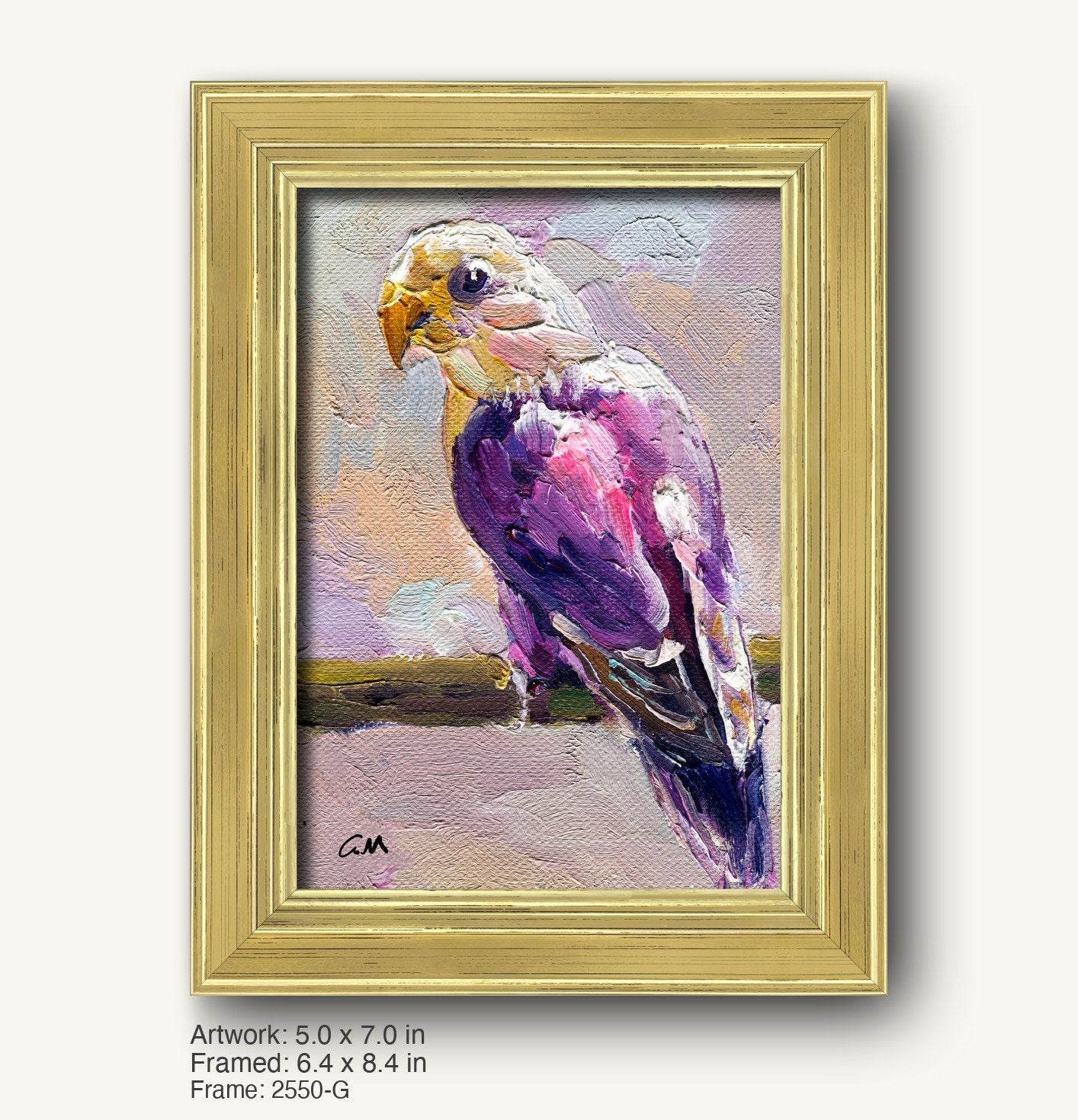Vibrant purple parrot oil painting in a warm gold ornate frame, featuring textured brushwork and expressive bird details on canvas