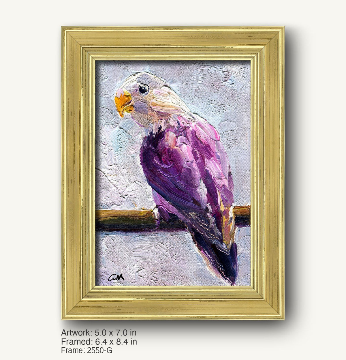 Textured oil painting of a purple parrot by George Miller in a warm gold ornate frame, vertical composition with visible brushwork and signature