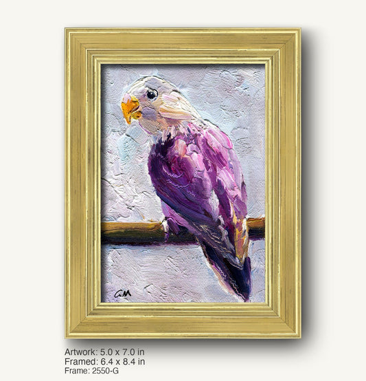 Textured oil painting of a purple parrot by George Miller in a warm gold ornate frame, vertical composition with visible brushwork and signature