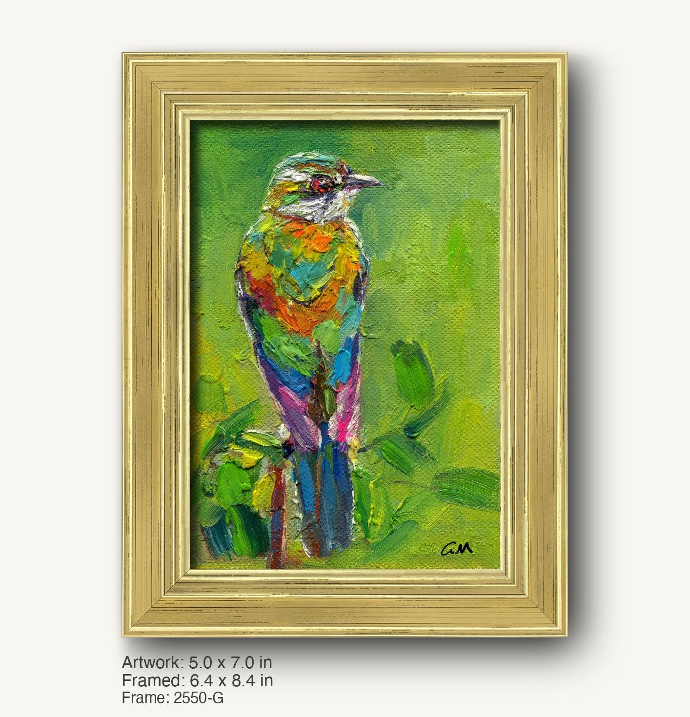 Vibrant oil painting of a colorful bird on canvas, framed in a warm gold ornate frame with classic profile, set against a neutral background