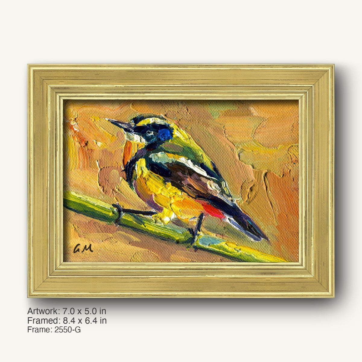 Impasto bird painting in gold frame, featuring a vibrant yellow and blue bird perched on a branch, textured oil on canvas, signed by G.M.