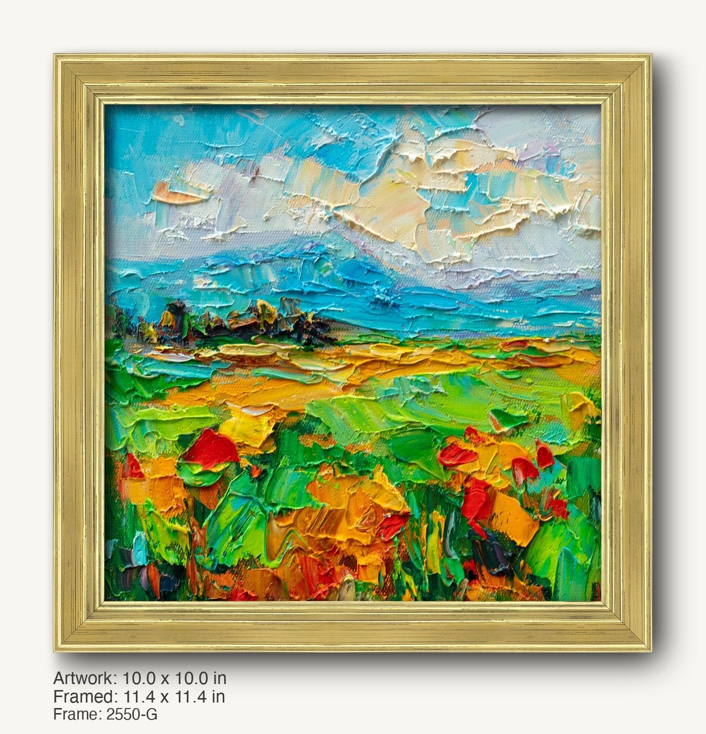 Textured oil painting of a vibrant poppy field under a dynamic sky, framed in a warm gold ornate frame with classic profile and subtle beveling