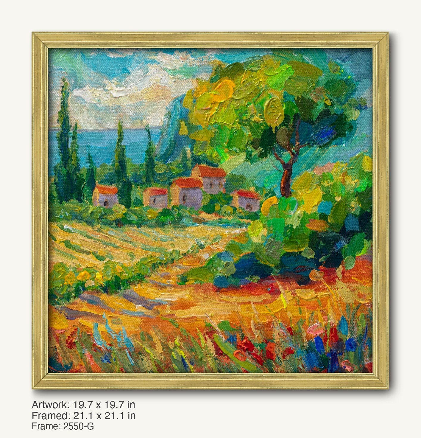 Mediterranean village landscape oil painting in warm gold ornate frame, vibrant greens and blues, textured brushwork, coastal hills and red-roofed houses