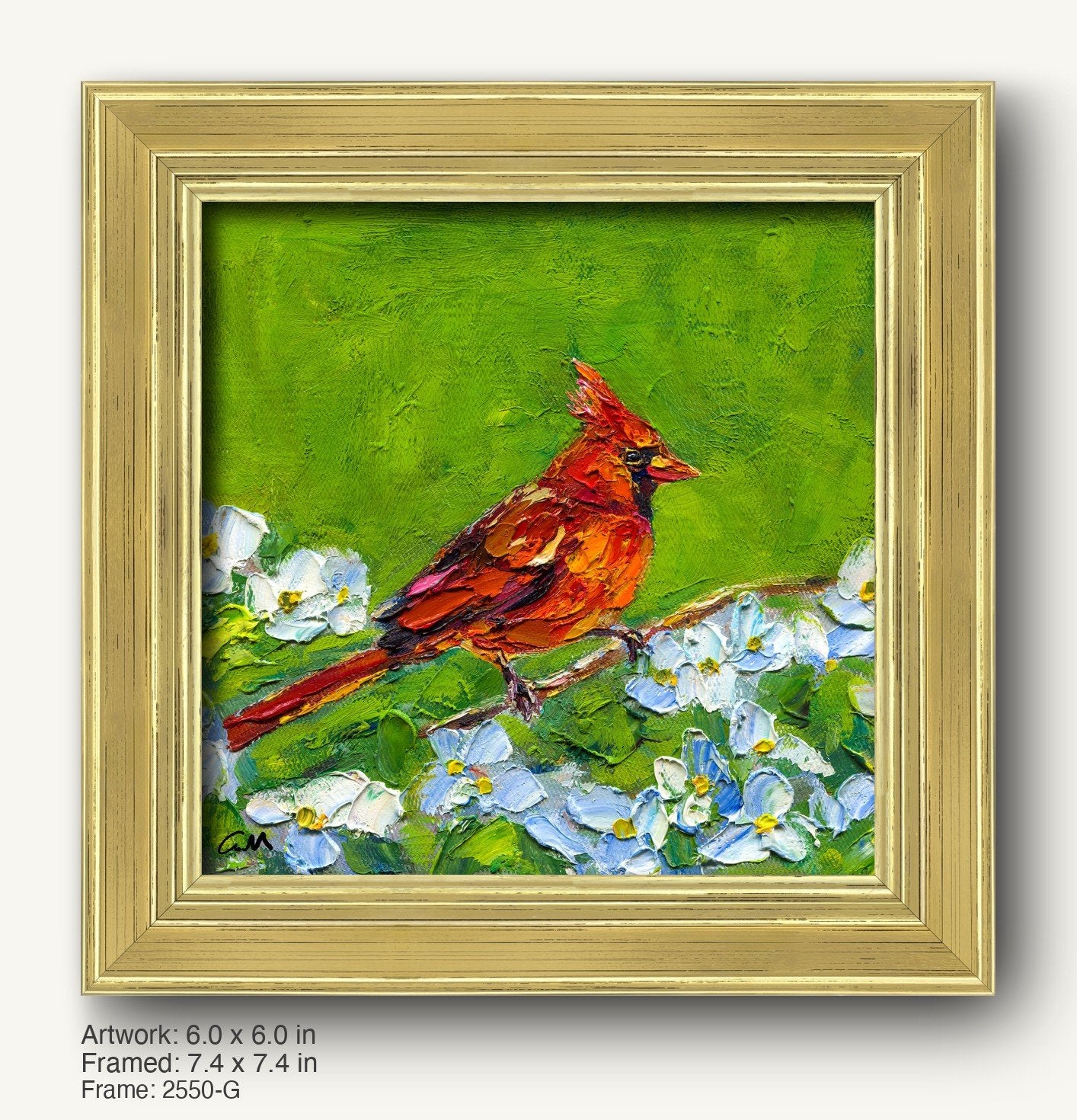 Vibrant oil painting of a red cardinal perched on a branch with white flowers, set against a lush green background, displayed in a warm gold ornate frame.
