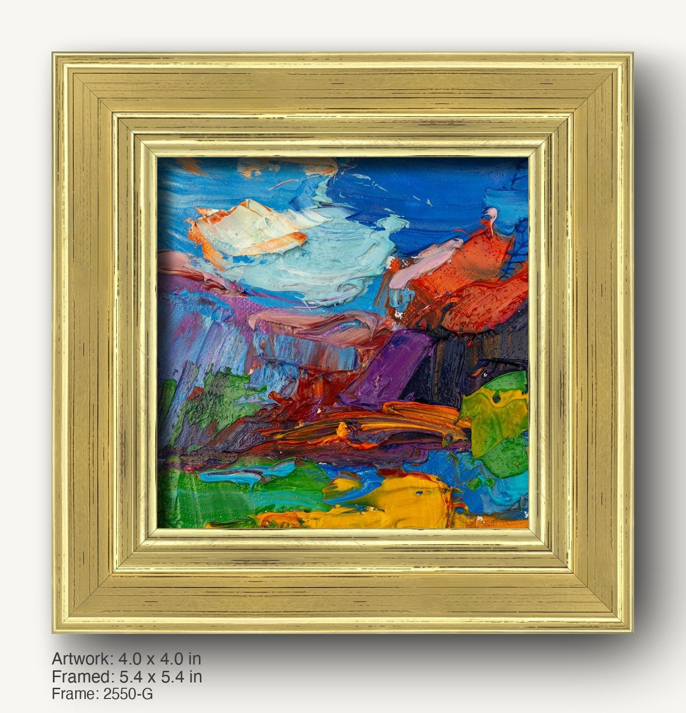 Bold abstract oil painting in warm gold ornate frame, featuring vibrant blue, green, and red textures on canvas, presented as a cohesive artwork with rich tactile depth.