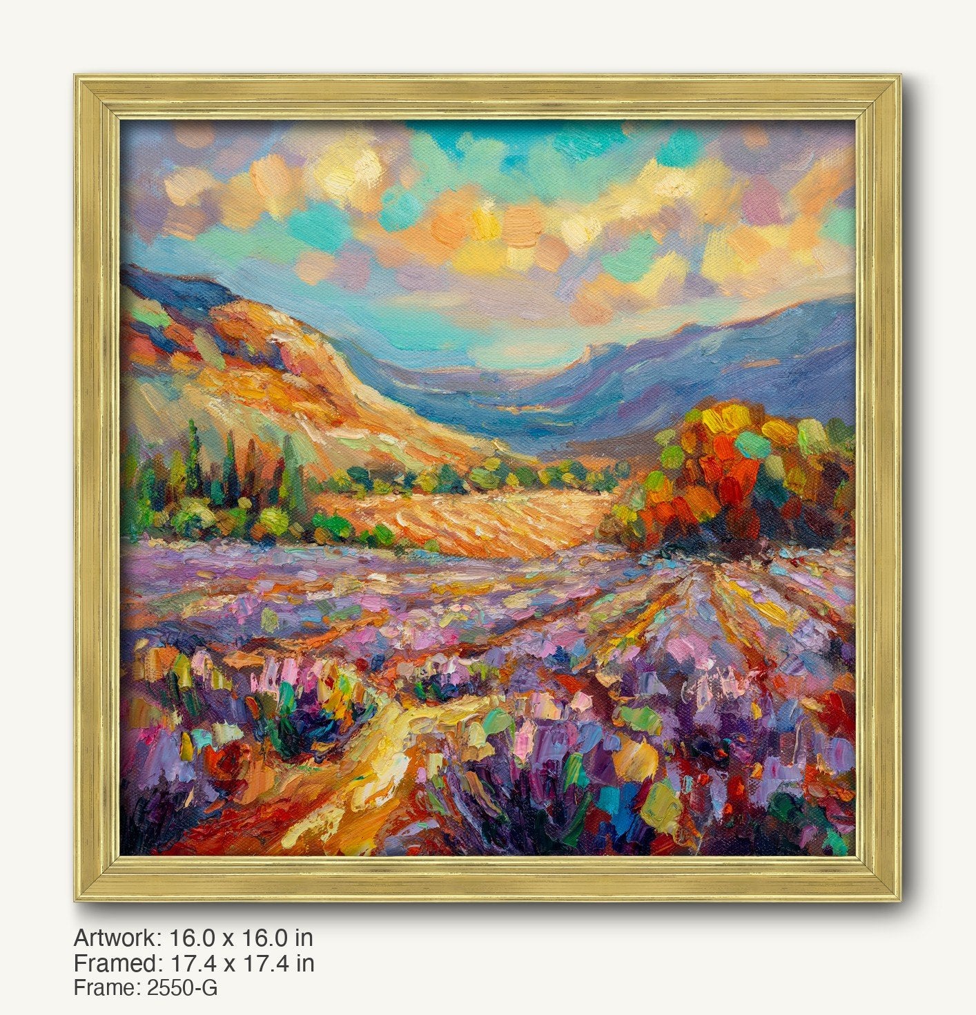 Lavender field landscape painting in warm gold ornate frame, vibrant purple and blue hues with textured impasto oil technique on canvas