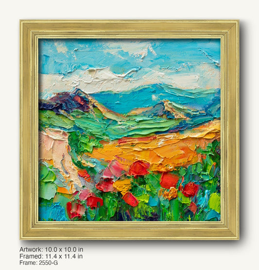 Vibrant impasto landscape painting of mountain meadow with red poppies, framed in warm gold ornate frame, showcasing textured oil brushwork on canvas